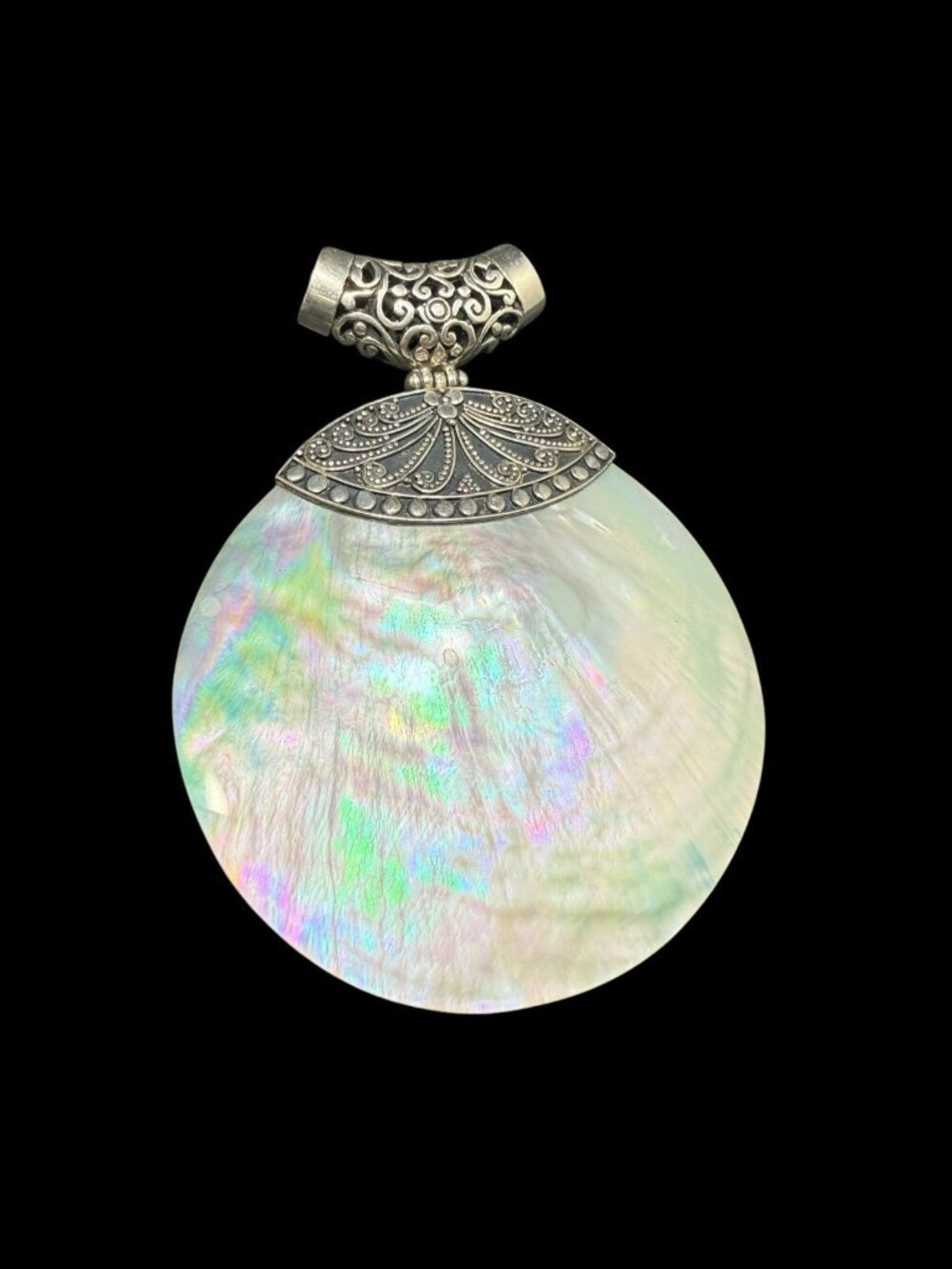 Sterling Silver Mother of Pearl Shell Large Disc Pendant 925 34.3g 3.5”